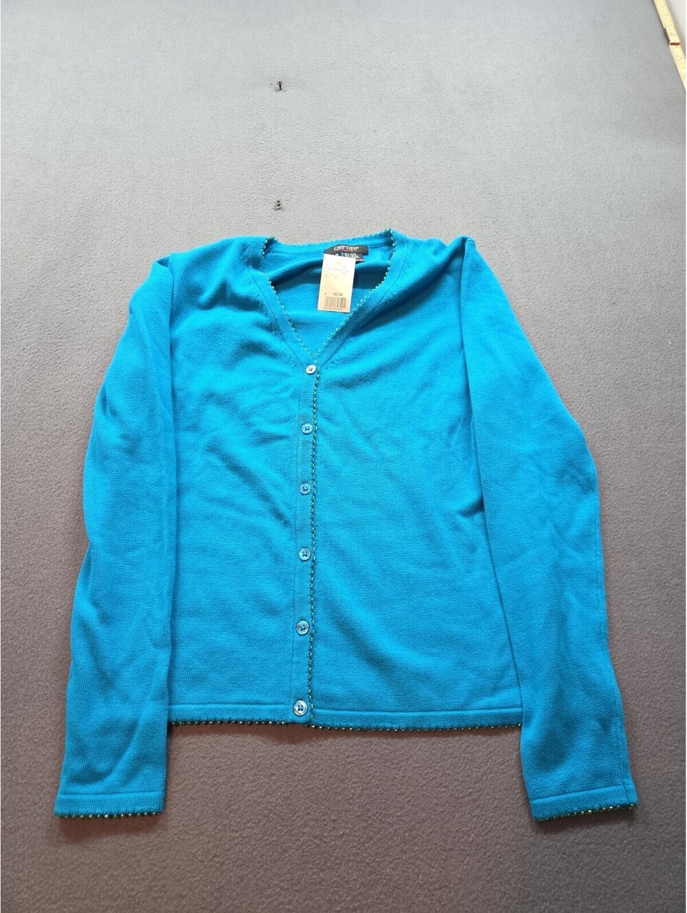 women's blue v-neck button-up sweater by Karen Kane size M